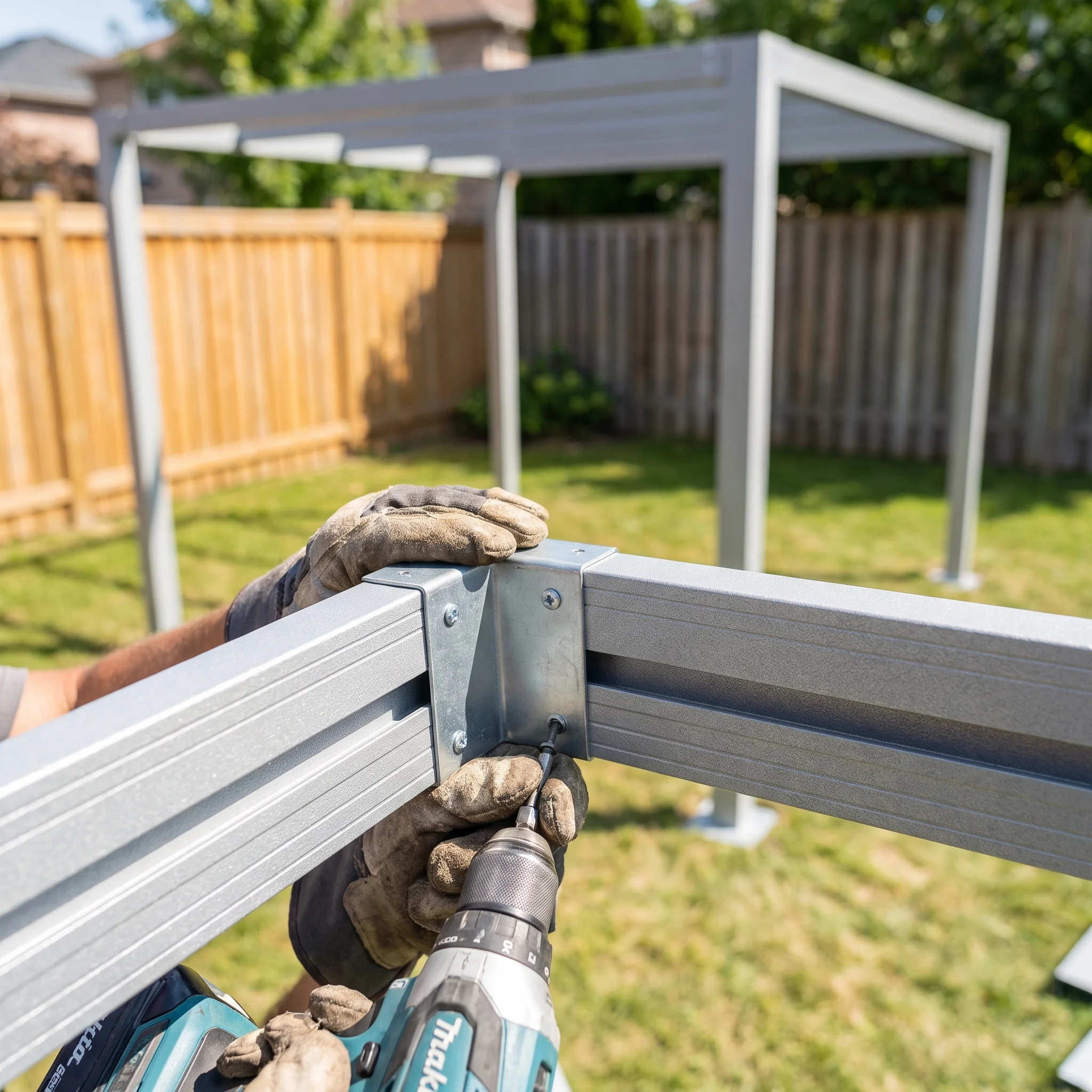 Close-up of aluminum pergola beam joinery being assembled during installation on a backyard patio