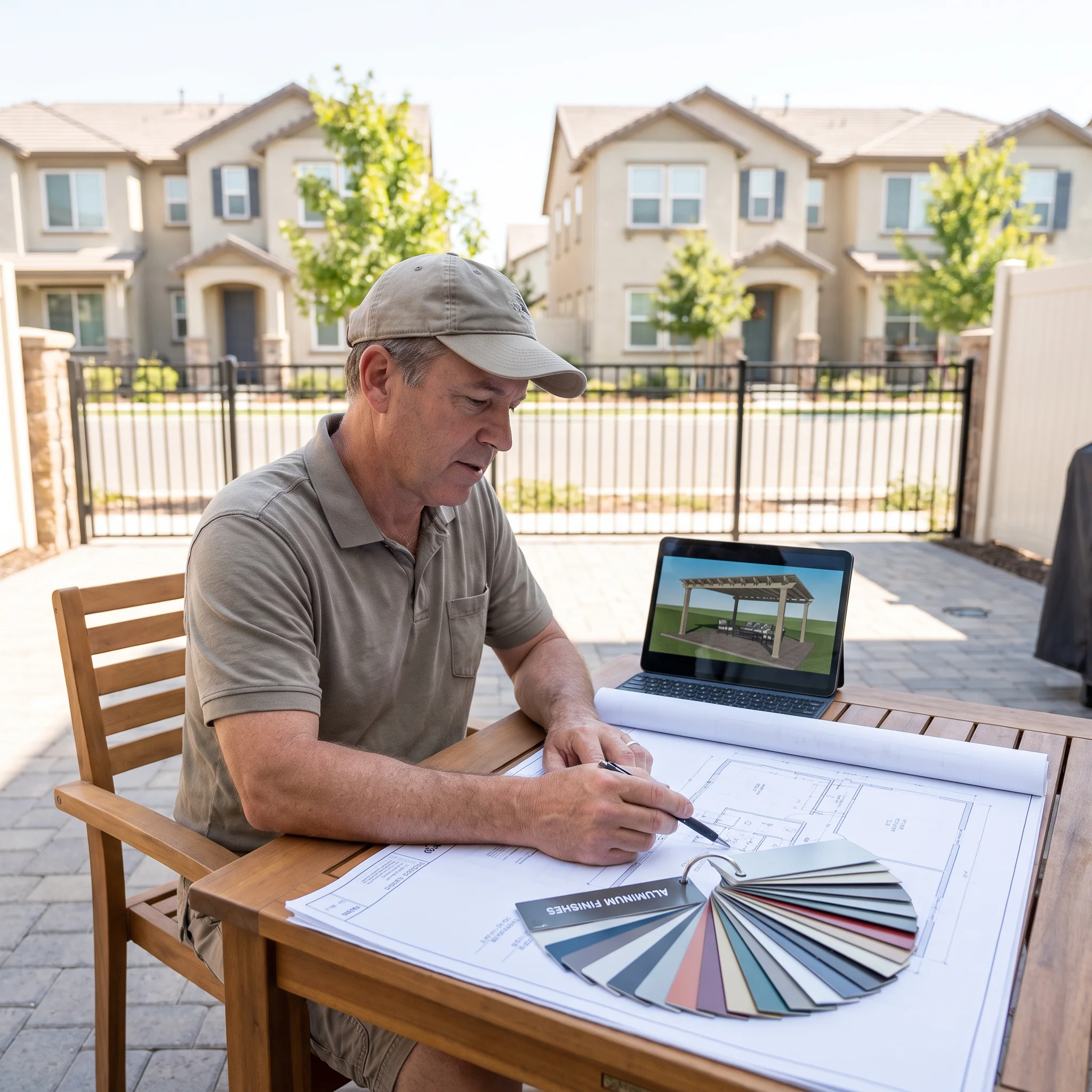 Homeowner reviewing pergola design plans and color swatches at an outdoor table in a suburban community
