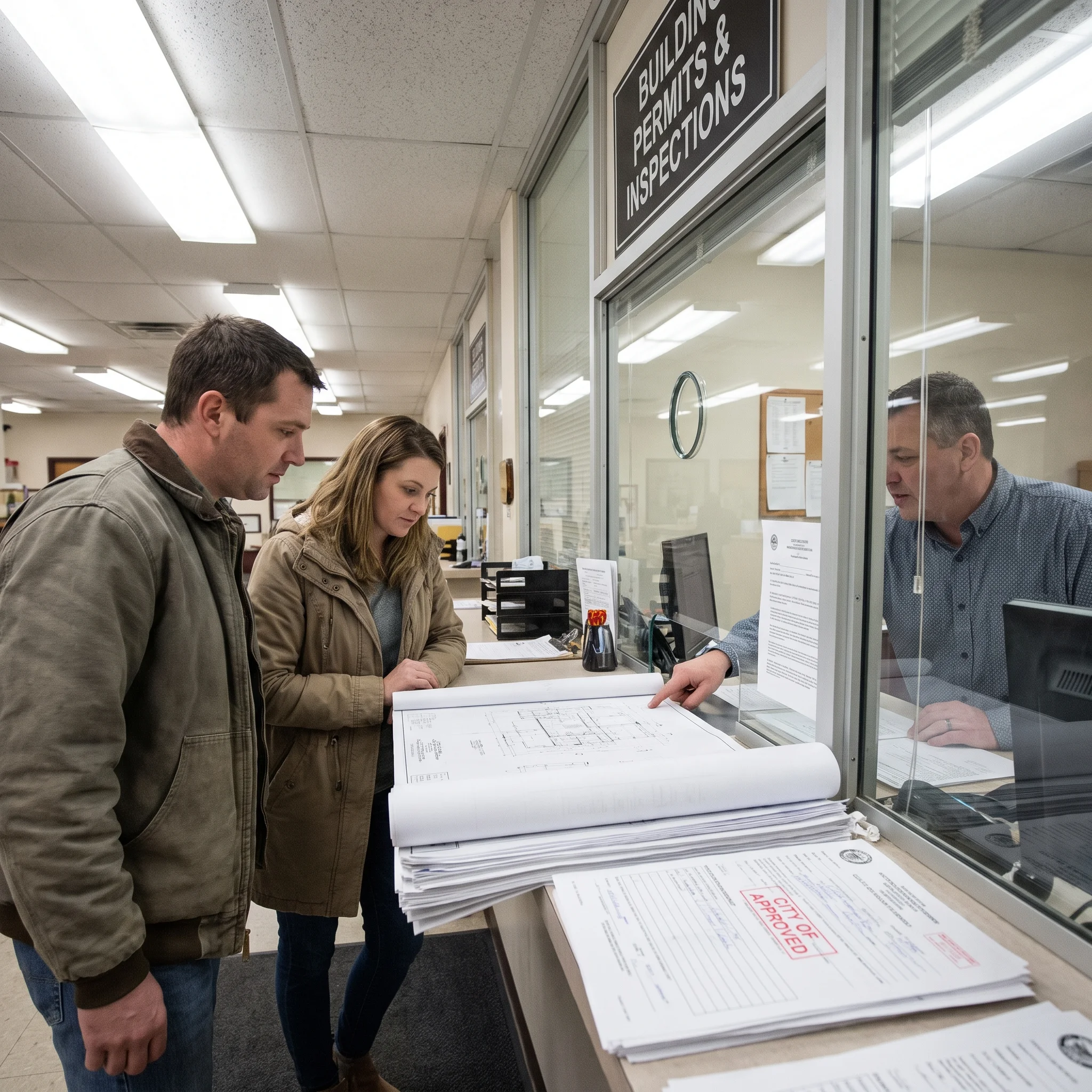 Contractor and homeowner reviewing building permit paperwork at a municipal building department counter