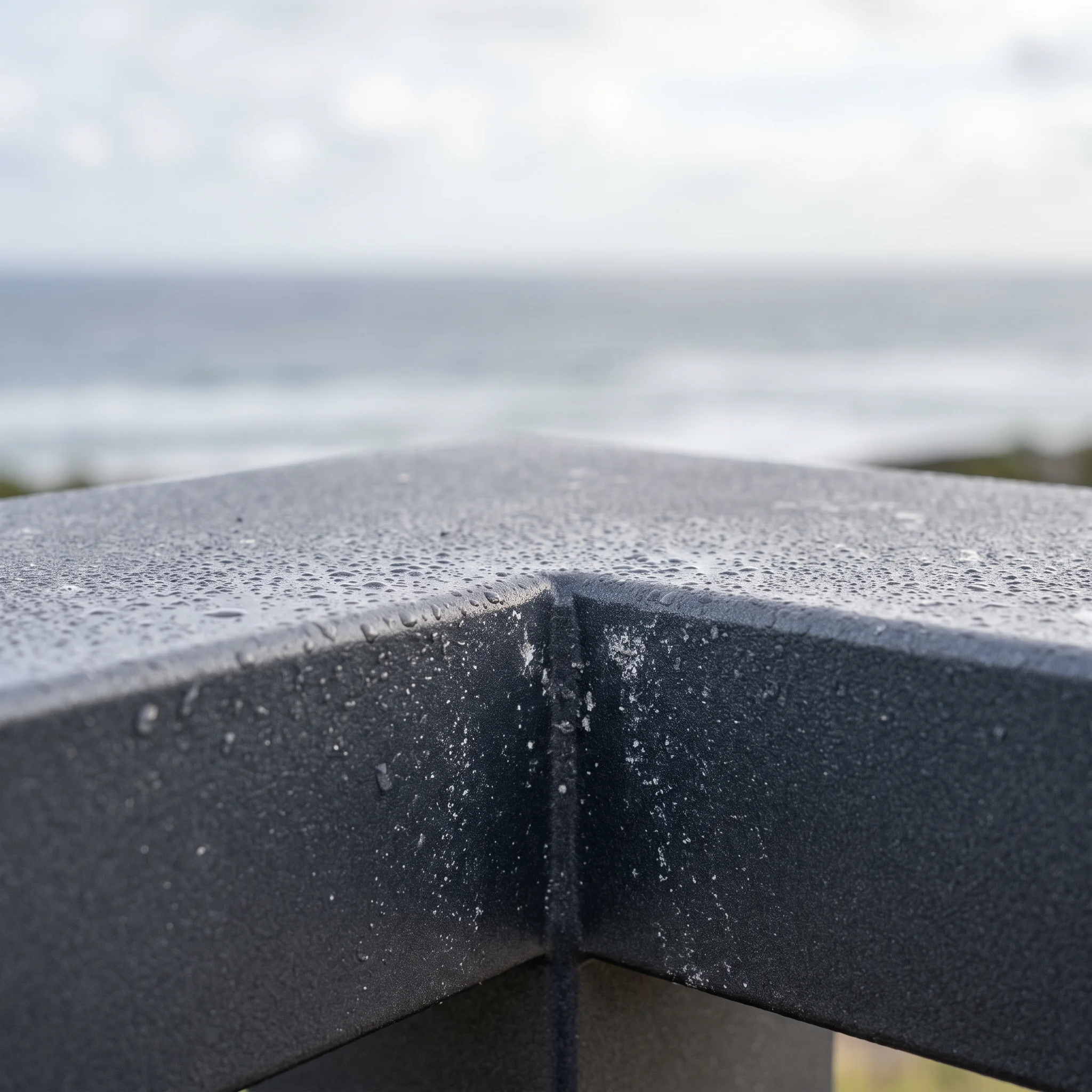 Macro close-up of a powder-coated aluminum pergola beam corner with a weather-resistant finish near the coast