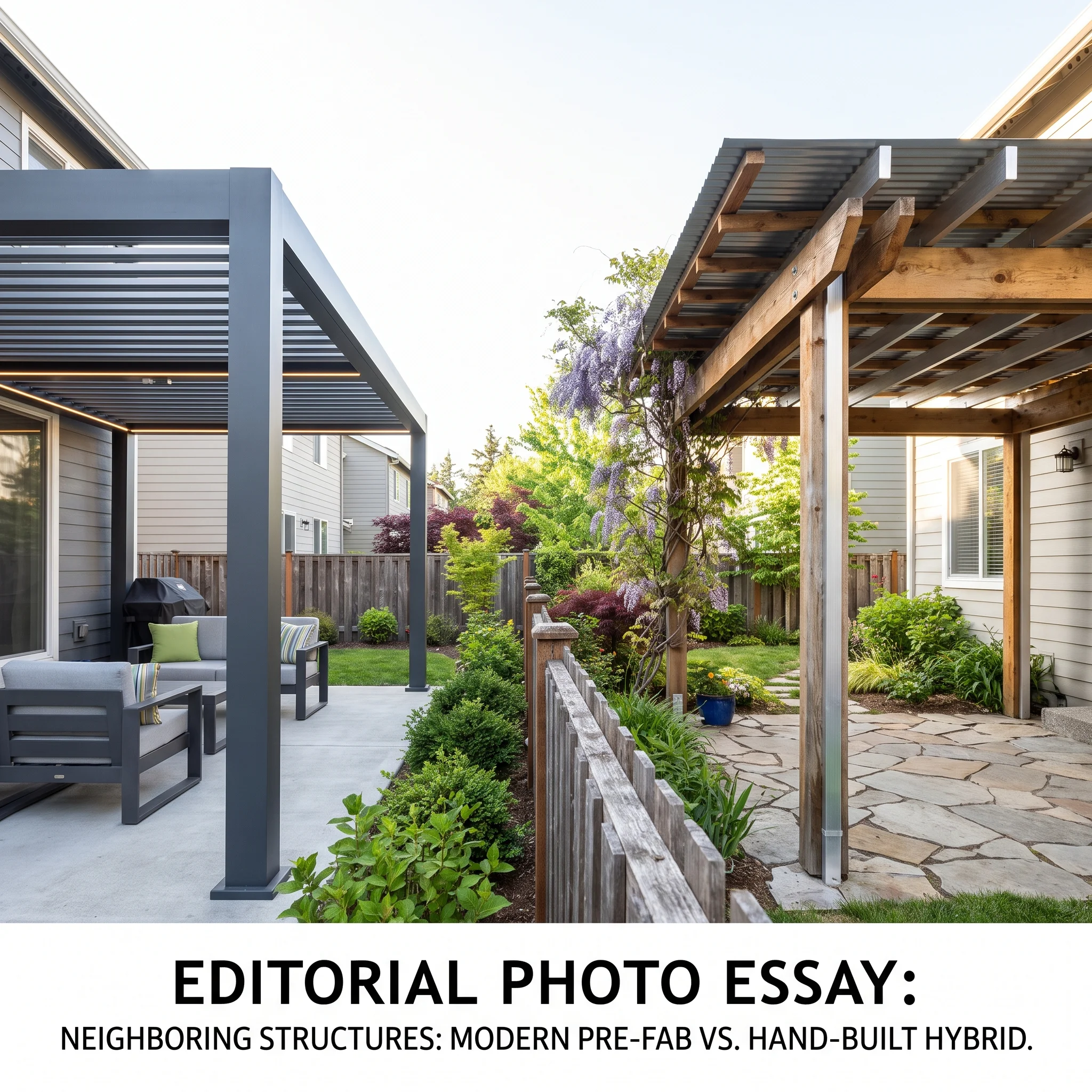 Two distinct aluminum pergola structures in adjacent backyards, one sleek manufactured system and one custom-built structure