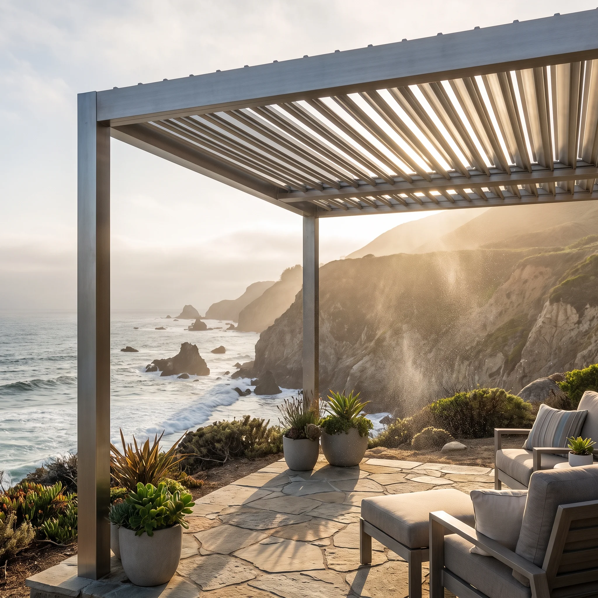 Aluminum louvered pergola with marine-grade finish on a coastal bluff-top patio with ocean mist in the air