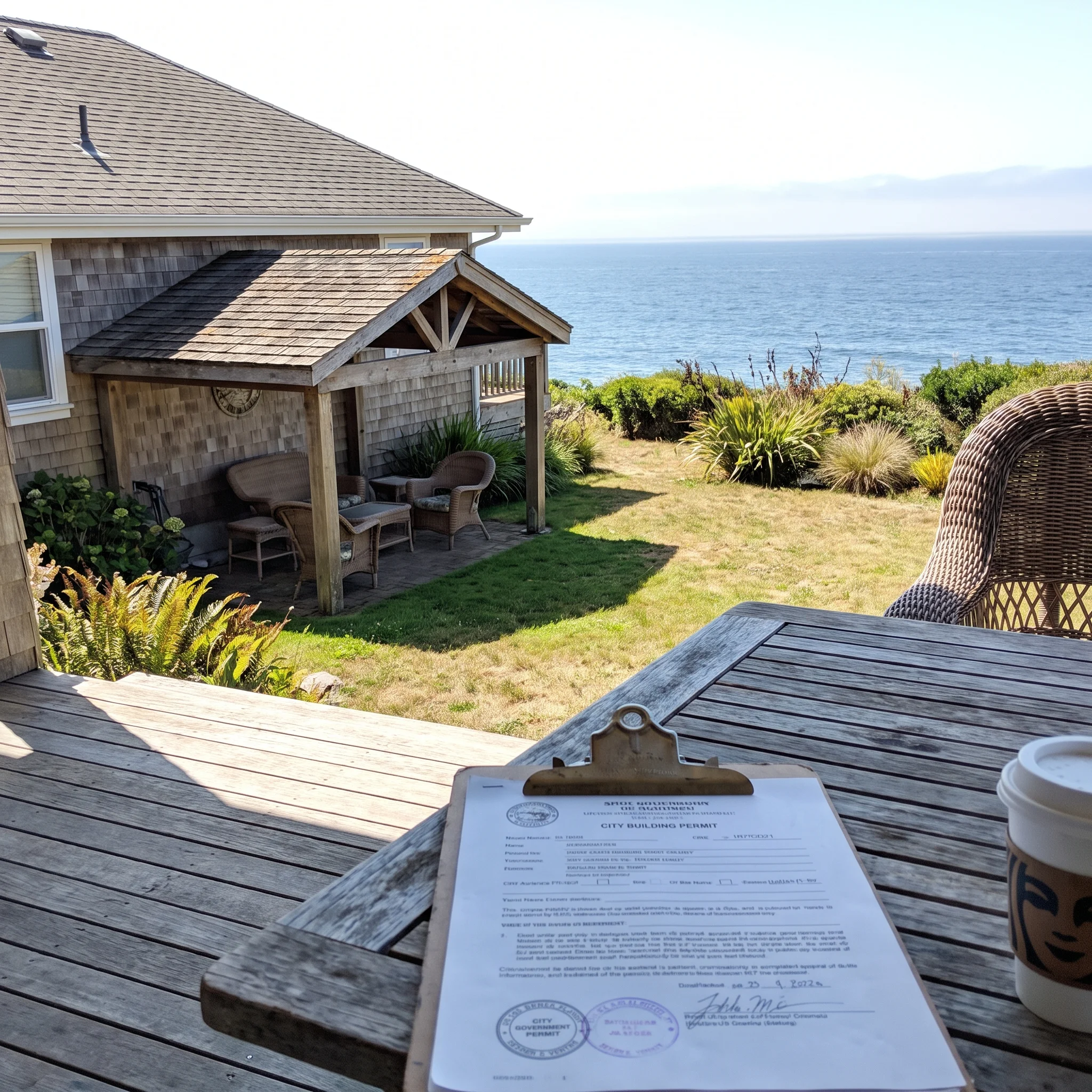 Bluff-top backyard patio cover structure with an ocean horizon view and a building permit document on the table