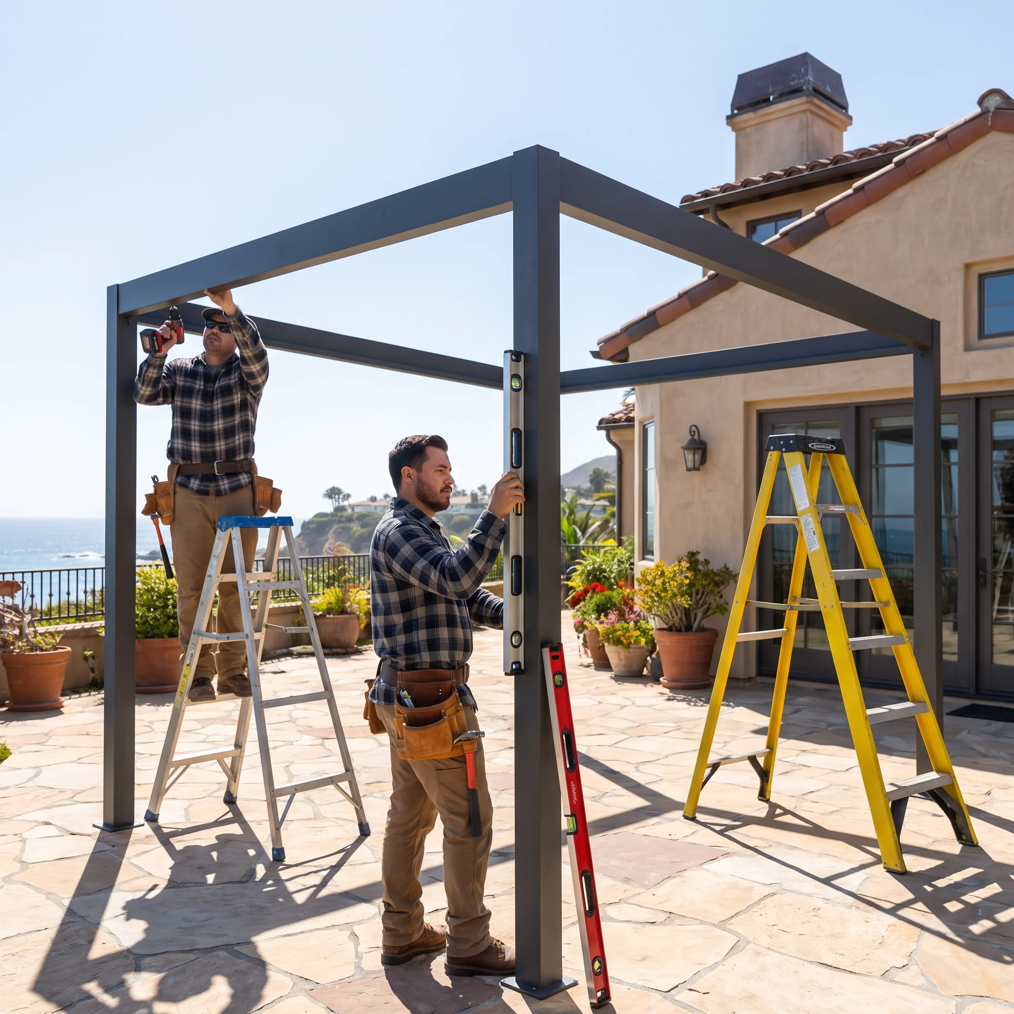 Contractor crew mid-installation of a louvered pergola frame on a San Diego backyard patio