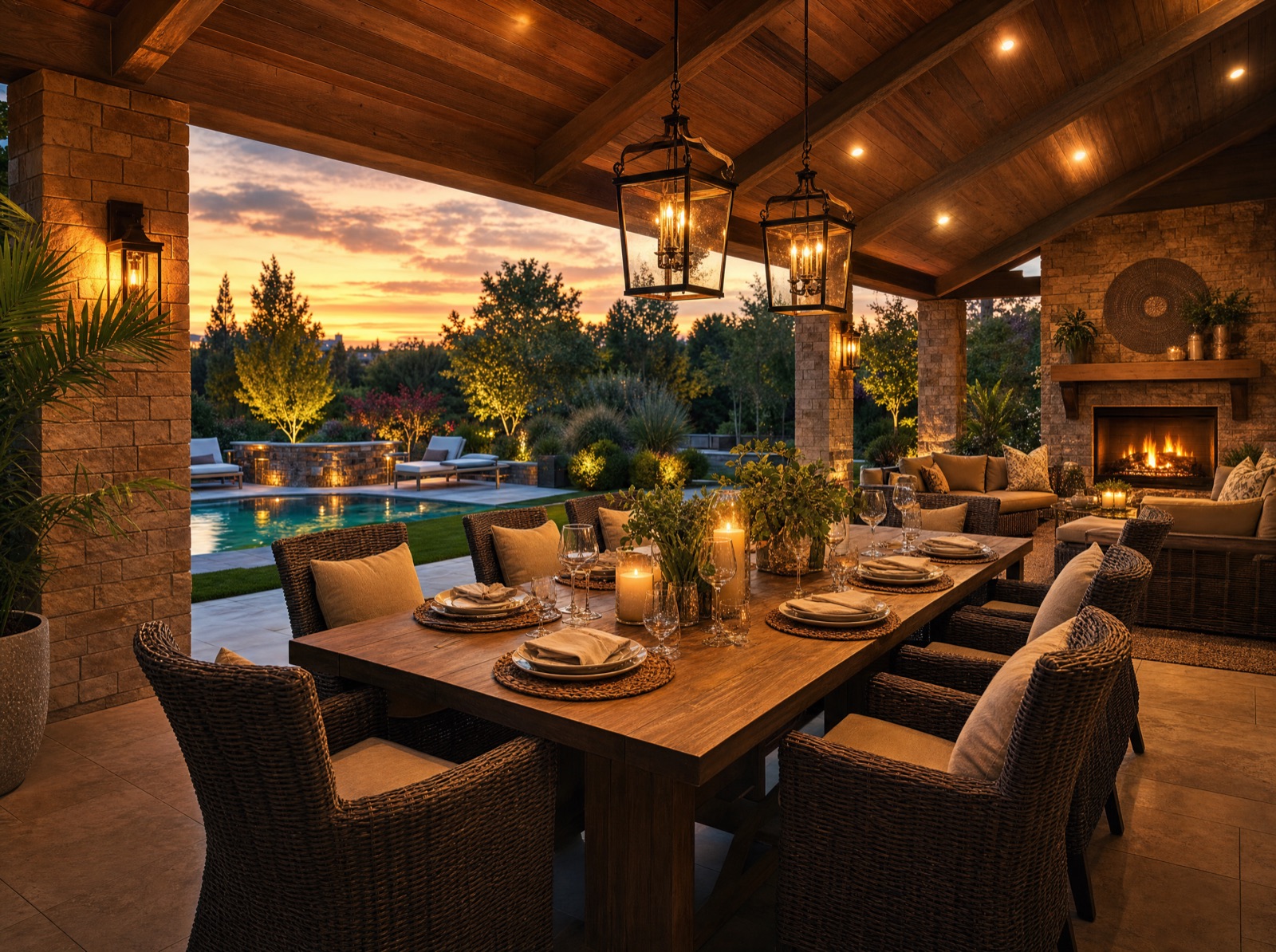 Outdoor entertaining space under a covered patio structure at golden hour, dining table set among lush landscaping