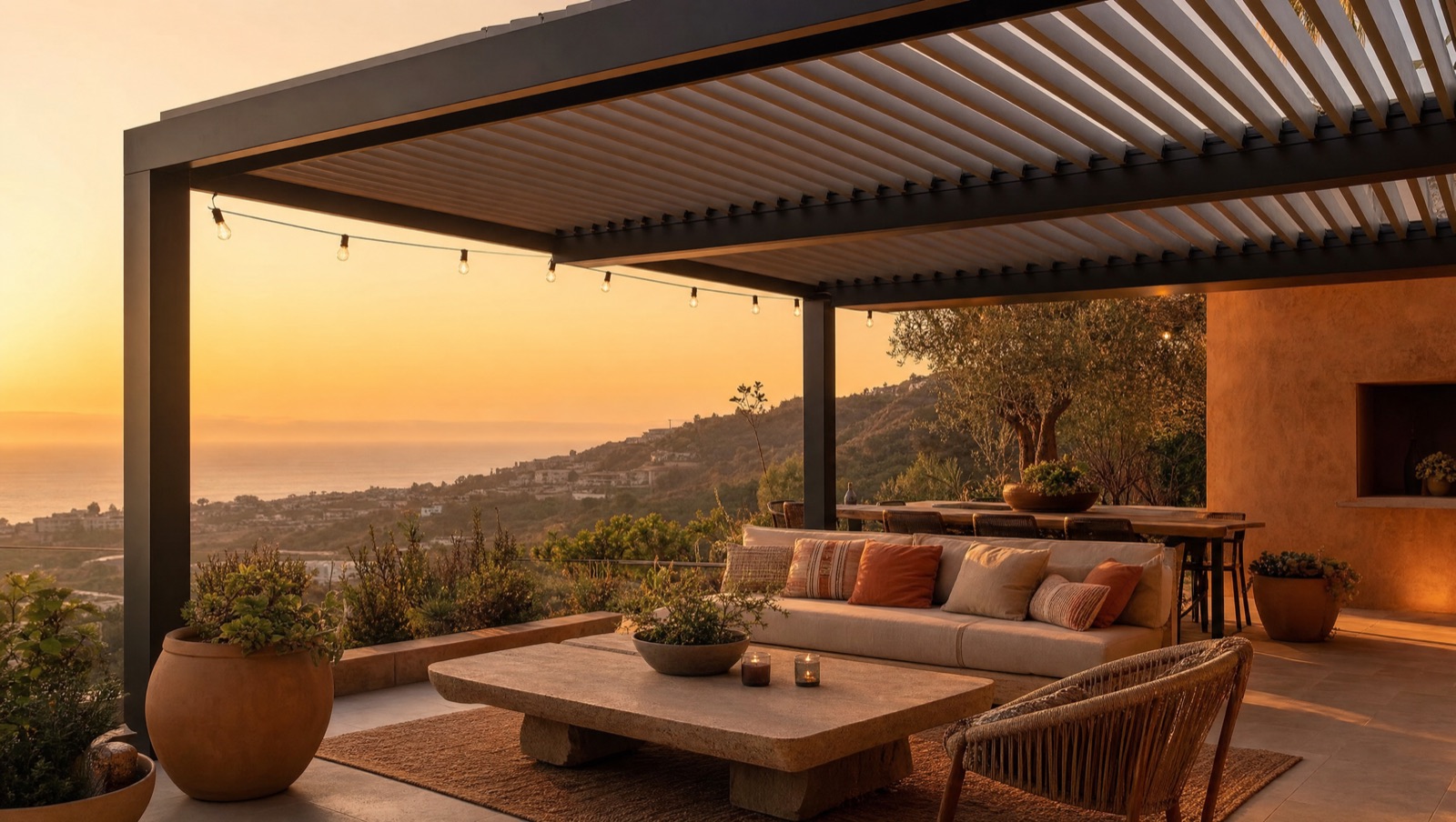 Modern outdoor living space with an adjustable-louver pergola at golden hour