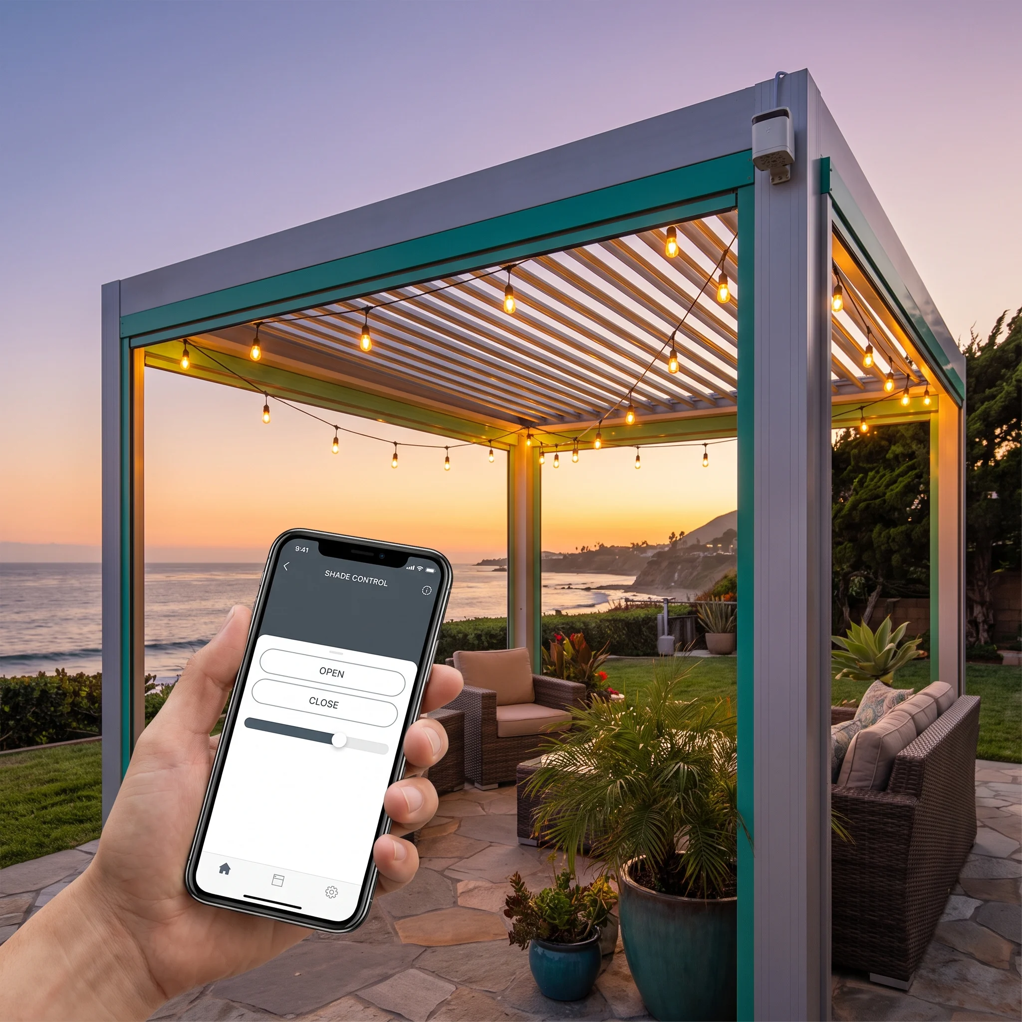 Motorized louvered aluminum pergola with a homeowner controlling the shade louvers from a smartphone app