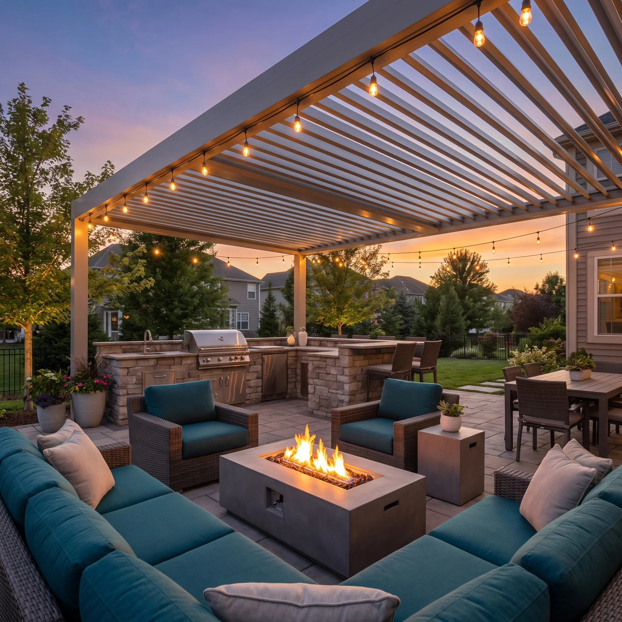 San Diego backyard patio with an open-louver pergola roof and outdoor furniture, compared conceptually to a fixed-roof gazebo structure