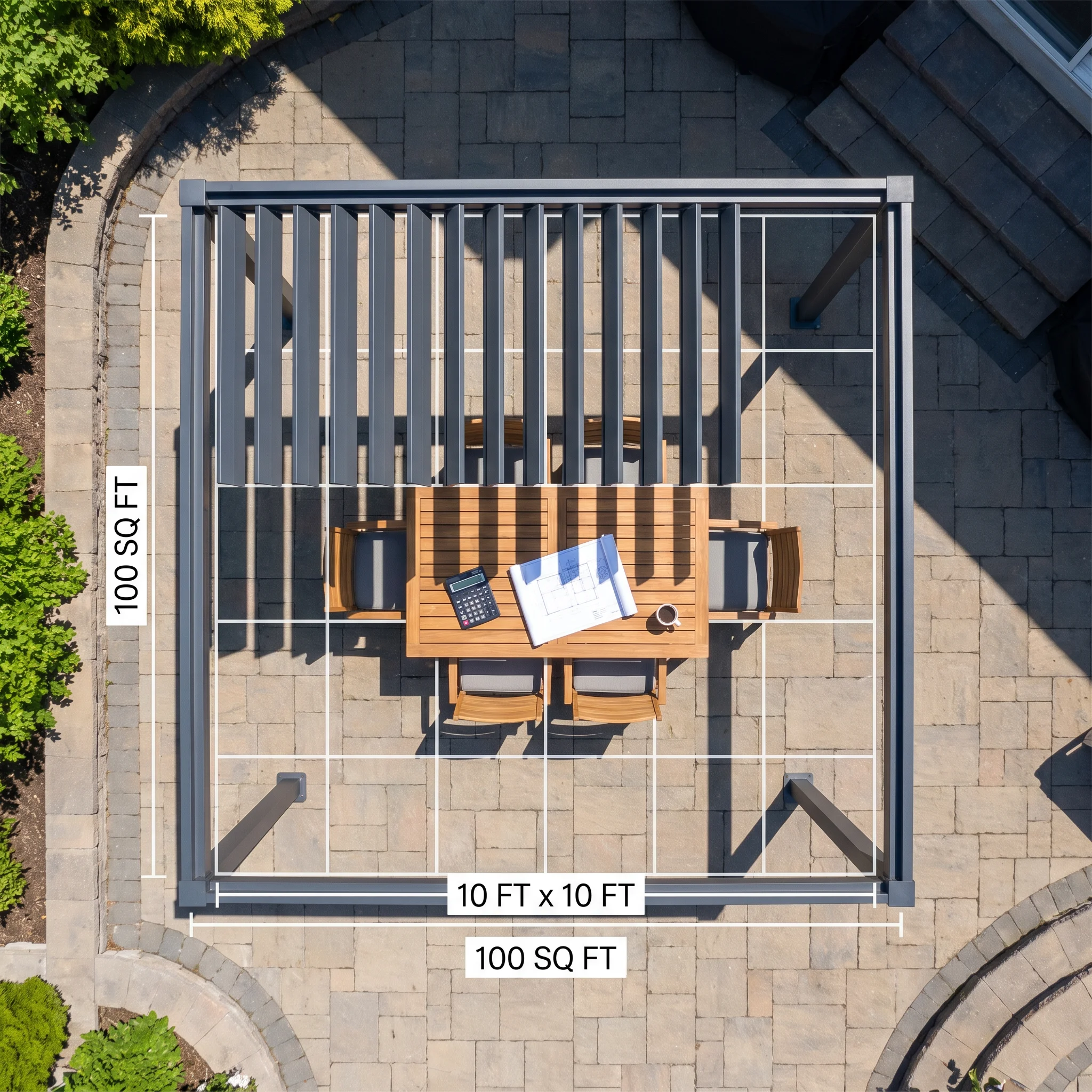 Homeowner reviewing a printed louvered pergola contractor quote at a table with a calculator, comparing line items
