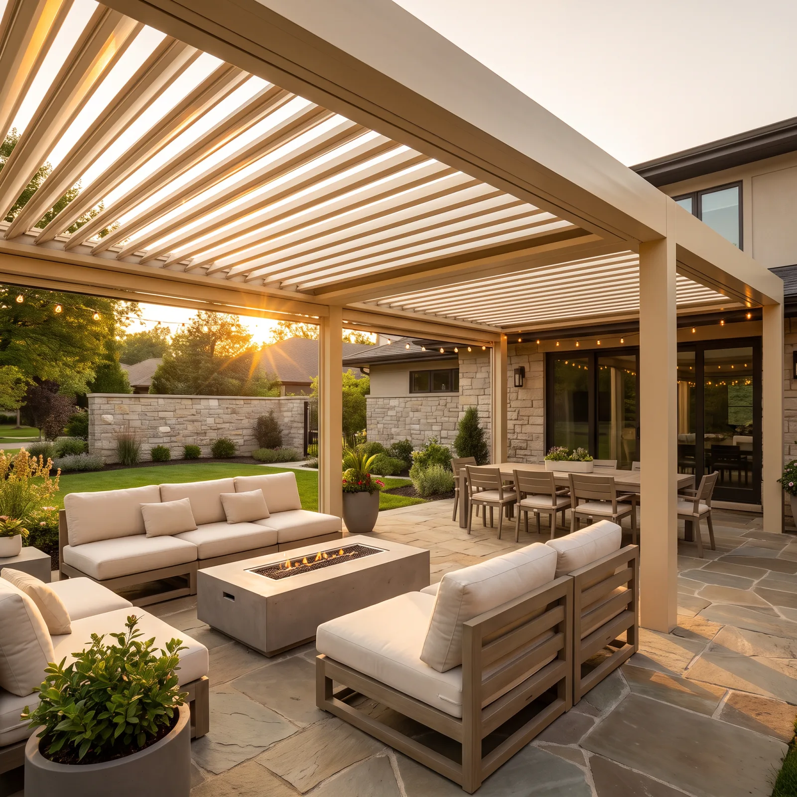 Motorized louvered aluminum pergola with adjustable slats over a backyard patio
