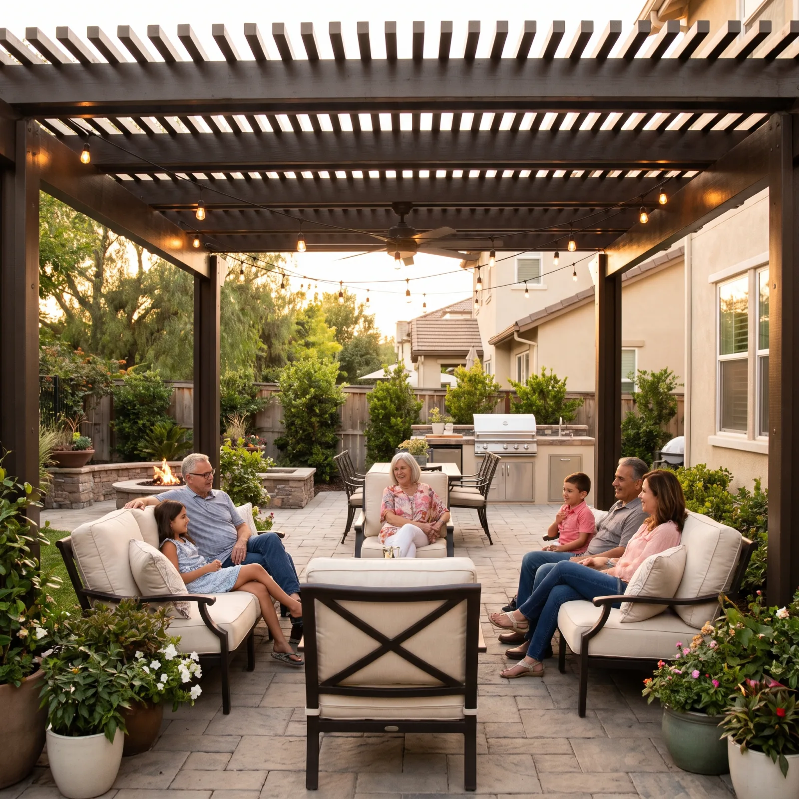 Family relaxing under a louvered pergola on a backyard patio in the evening