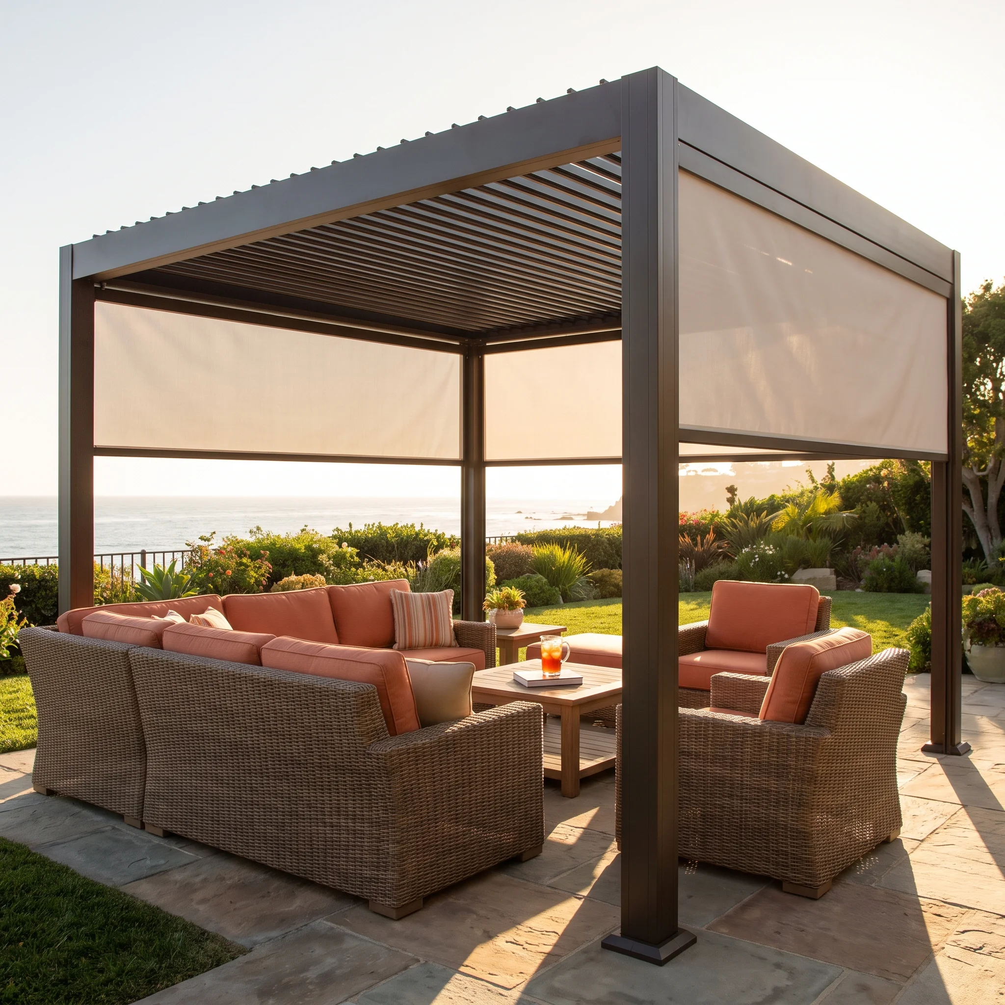 Retractable privacy and sun screens extended along the open sides of an aluminum louvered pergola