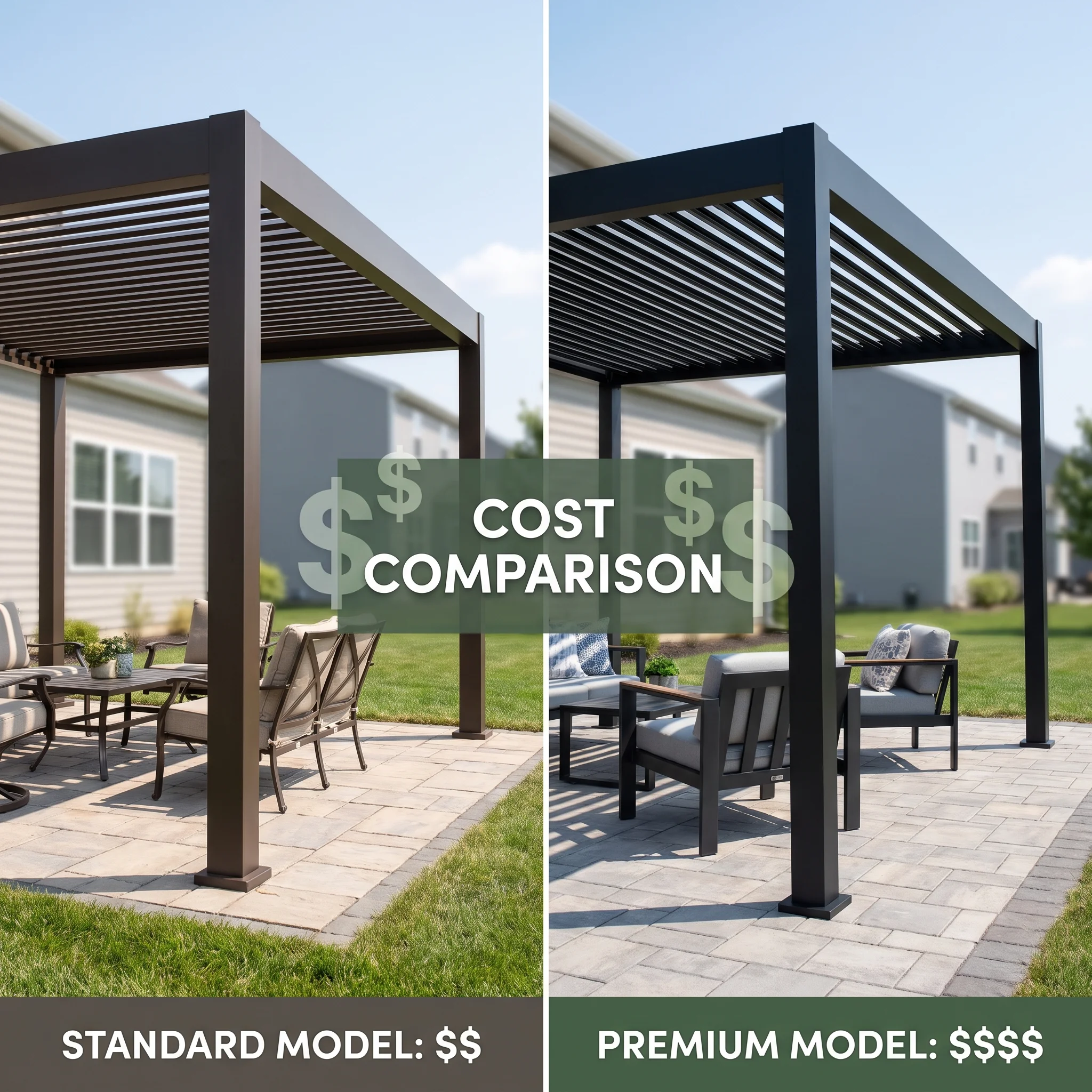 Side-by-side comparison of two aluminum louvered pergolas with different finishes on adjacent backyard patios